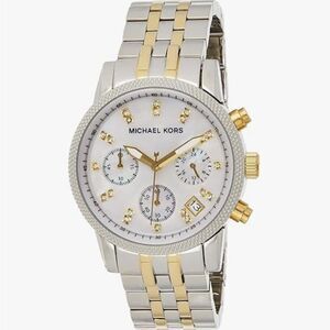Michael Kors | Two-Tone Silver Gold Chronograph Watch with Stones Pearl Face